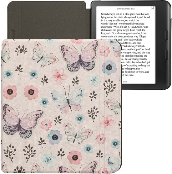 kwmobile e-reader hoesje geschikt voor Kobo Libra Colour hoes - E reader flip case met magnetische sluiting - Ereader cover - Vlinderanemoon design in wit / licht oudroze / vintage groen — afbeelding 4