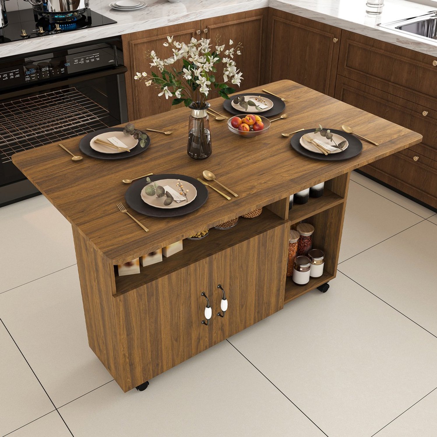 Pugsdrly Rechthoekige, opklapbare, verplaatsbare eettafel 110 x 70 x 80 cm, multifunctioneel met 5 opbergplanken en 5 zwenkwielen (waarvan 4 vergrendelbaar), ruimtebesparend voor in de keuken, woning, kantoor, studentenhuis, lichte notenhoutlook Walnoot