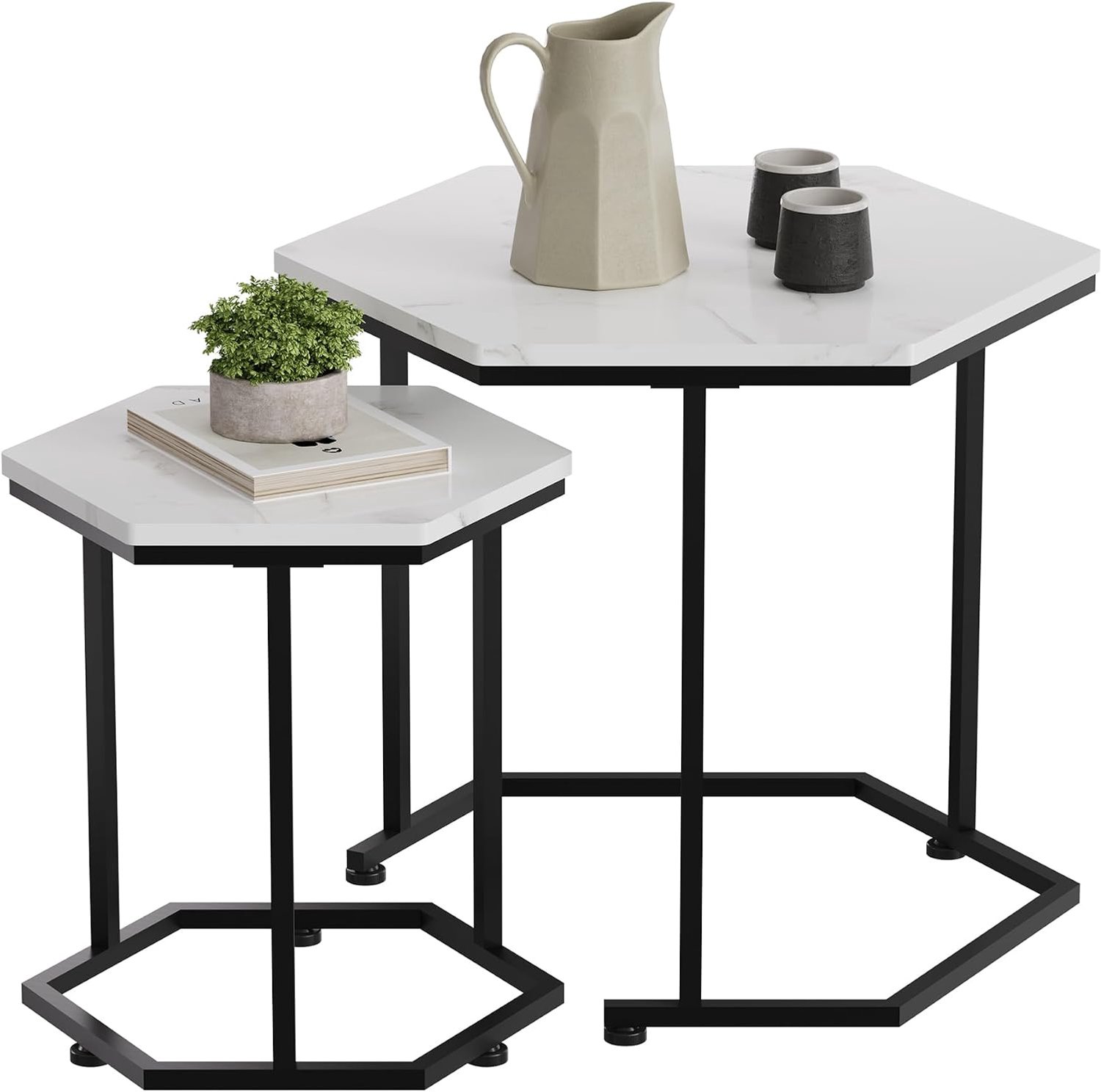 Danky Wit marmer Salontafel Set - Hexagonale Nesttafel met 2 Bladen, 58,9 x 58,9 x 50 cm