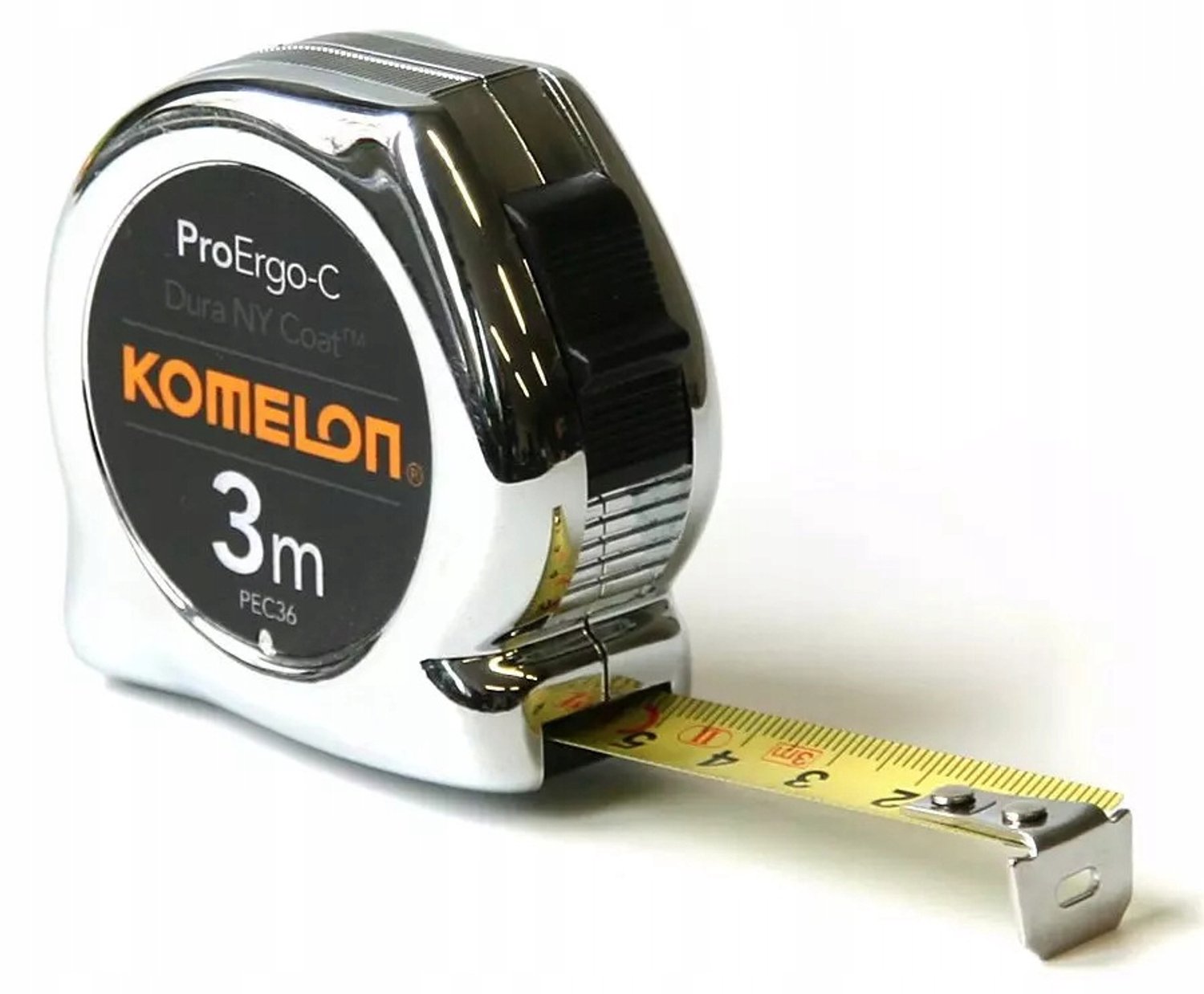 Komelon rolbandmaat rolmaat met stop 3m 16mm verchroomd ABS met clip (PEC36)