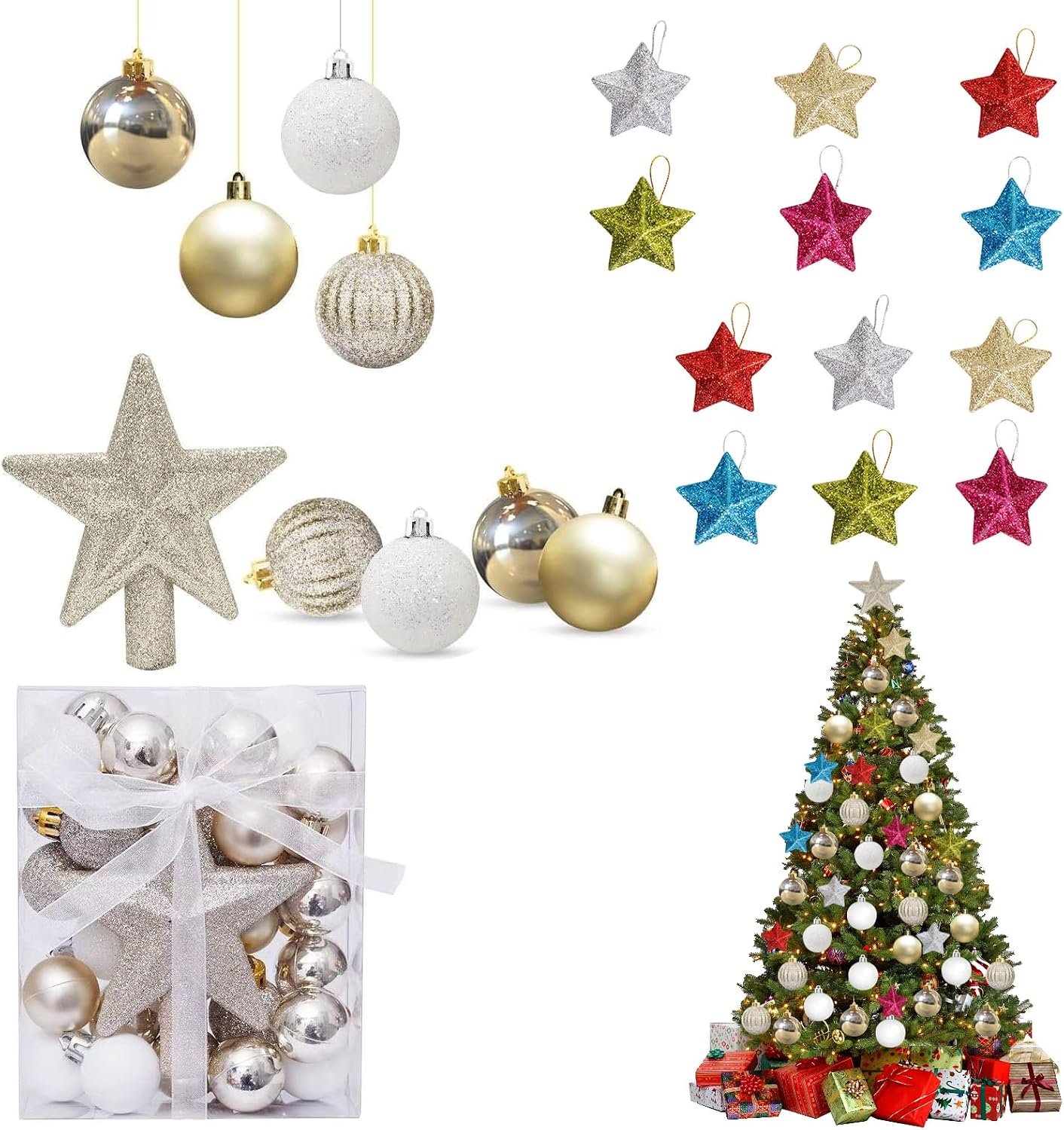 Kerstballen met fonkelende ster aan de bovenkant van de boom