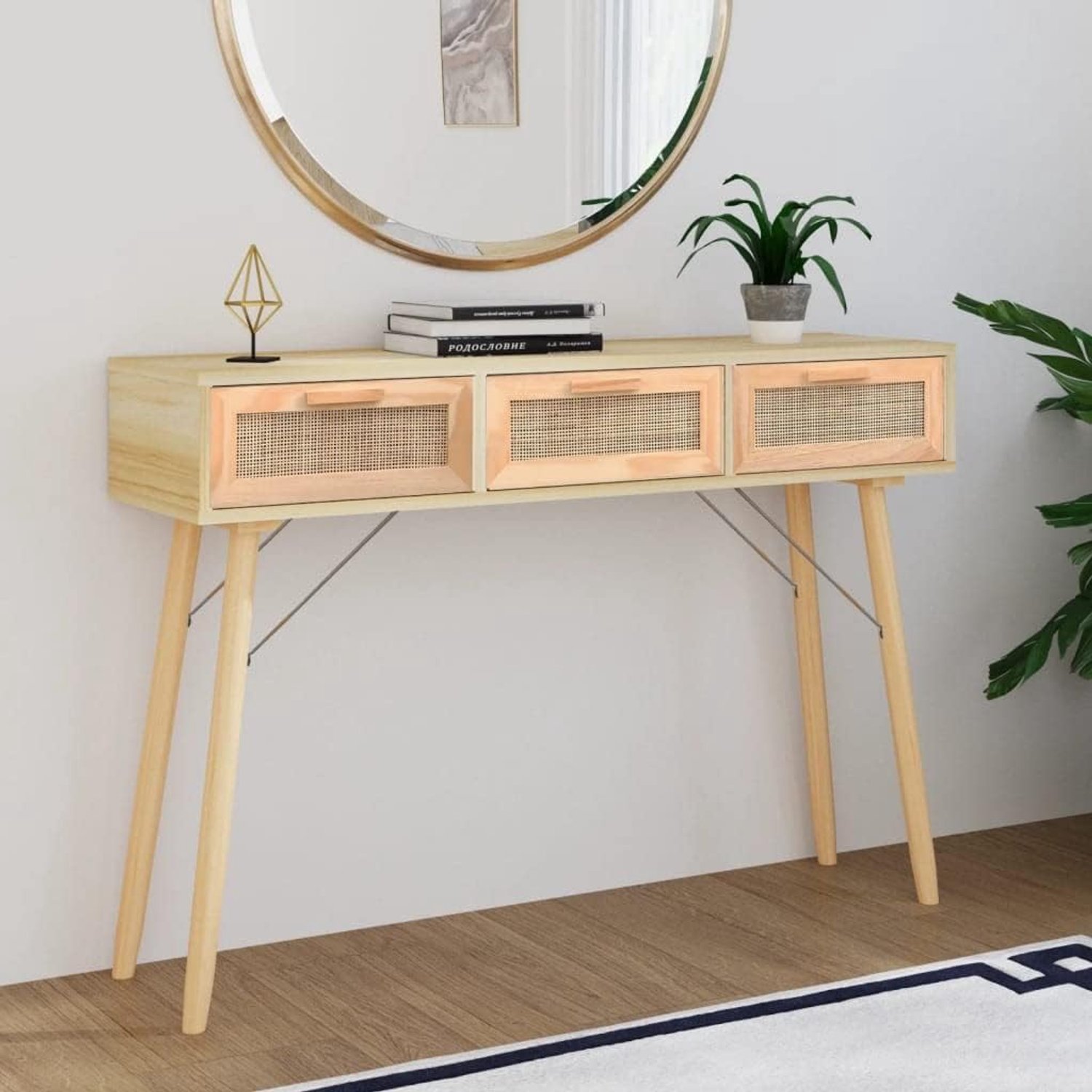 Bank, slaapkamer, bijzettafel, salontafel, kantoor, bijzettafel, consoletafel, bruin, 105 x 30 x 75 cm, massief hout, grenen, natuurlijk rotan, geschikt voor woonkamer, slaapkamer