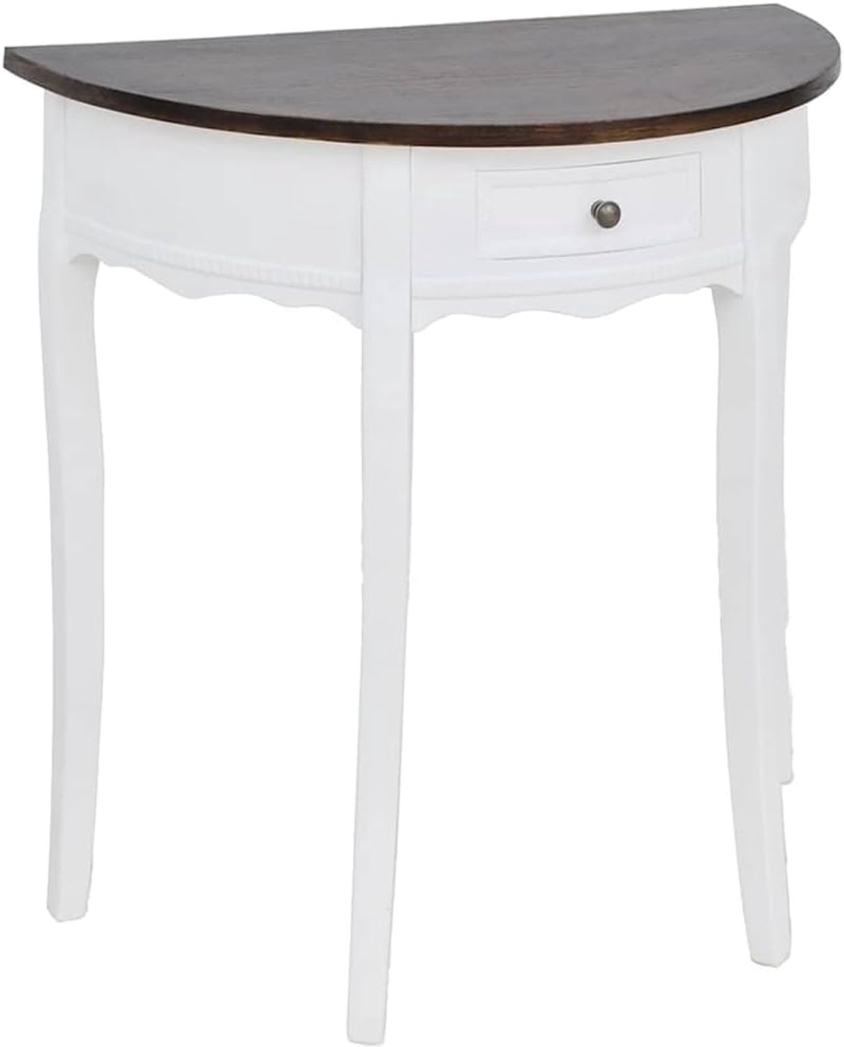 Consoletafel met lade, halfrond bruin tafelblad, van MDF en grenenhout, witte lak, compact design voor woonkamer, eetkamer of hal.