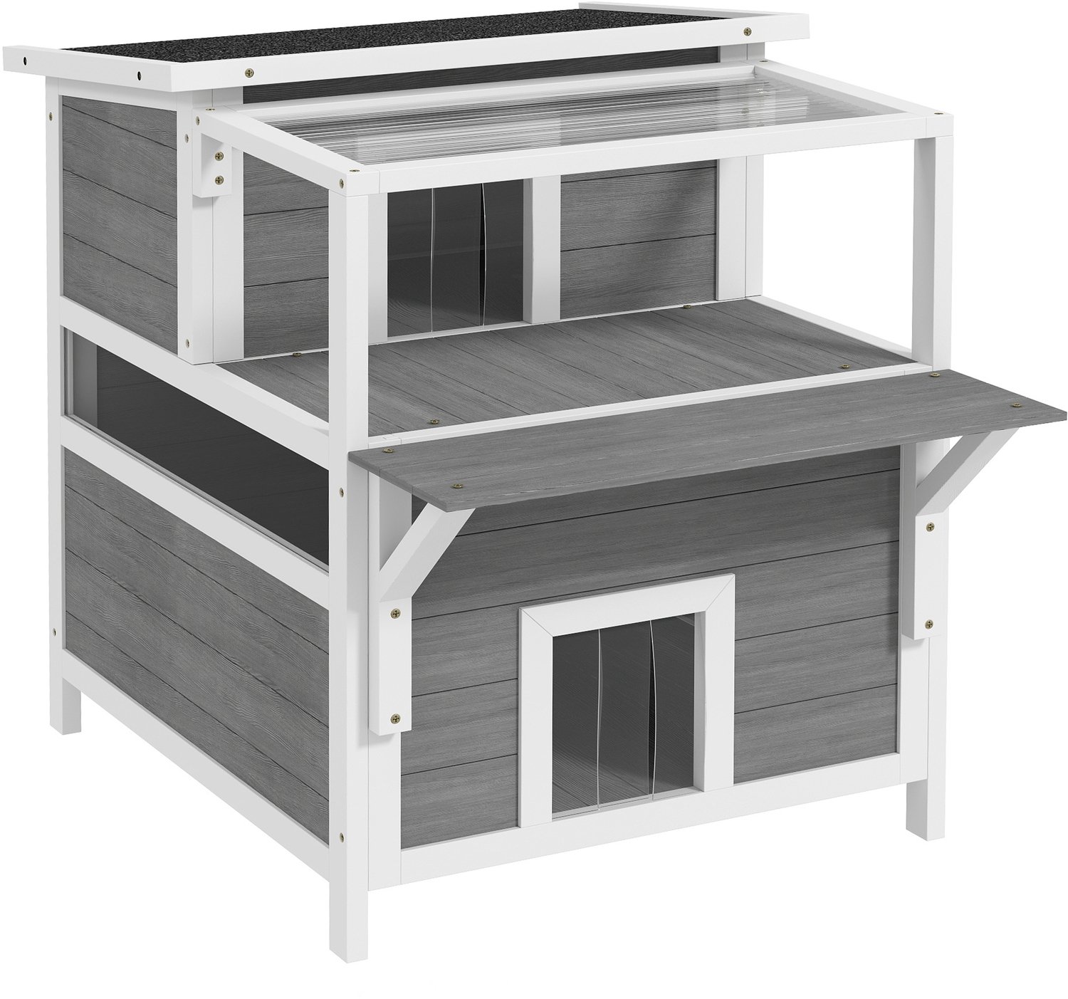 Pawona 2-verdiepingen kattenhuis met balkon - Voor binnen en buiten - 64 x 87 x 76 cm - Lichtgrijs/Wit