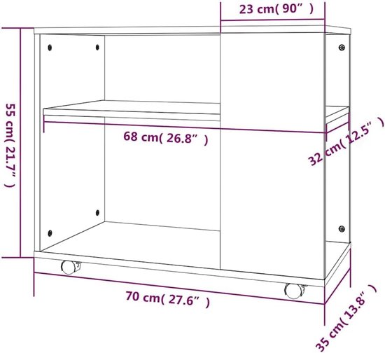 Bijzettafel, rookeiken, 70 x 35 x 55 cm, met wielen, salontafel van onderhoudsvriendelijk houtmateriaal, stijlvolle bijzettafel met opbergruimte voor orde, gemakkelijk te verplaatsen door — afbeelding 5