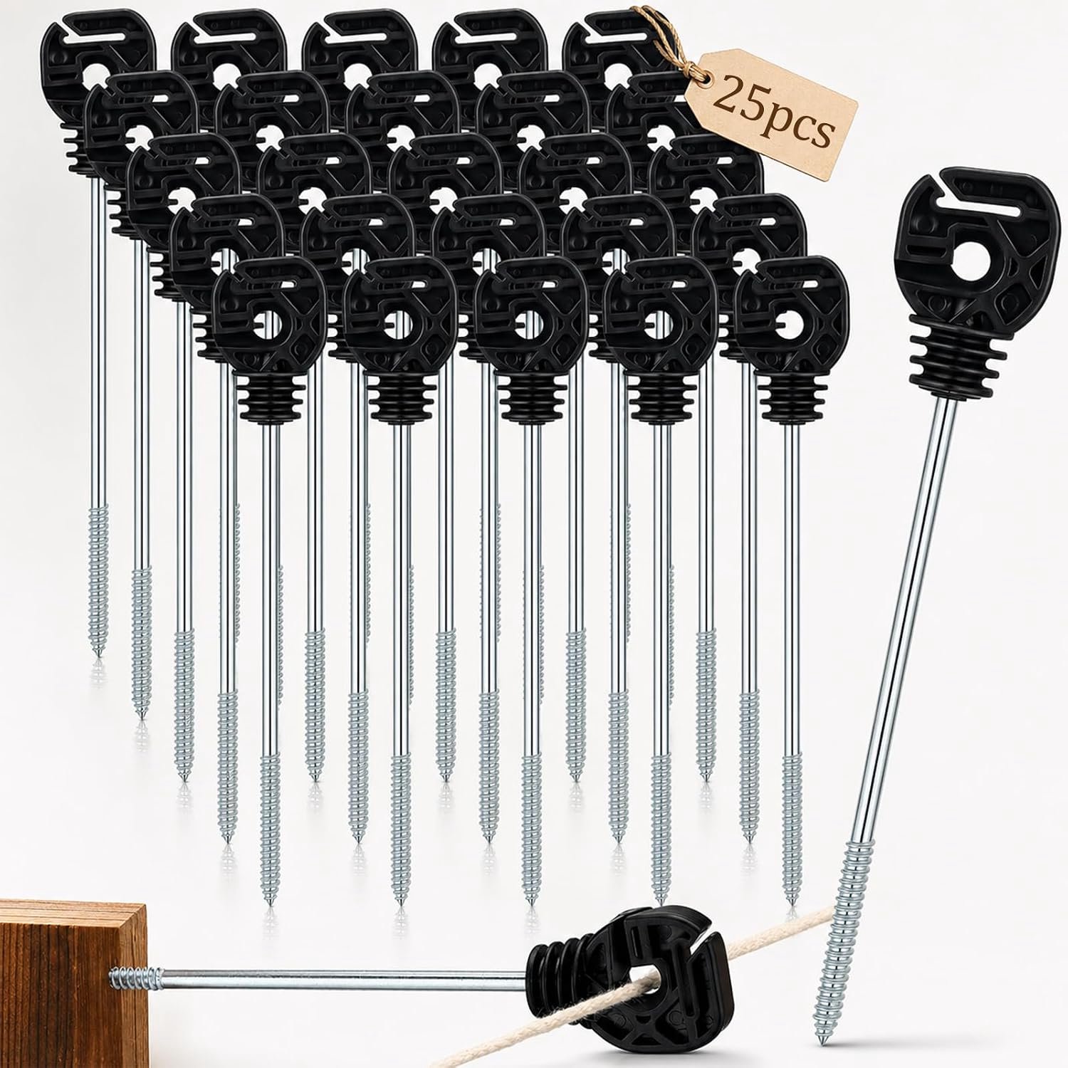 Omheiningsisolator, 25 stuks, afstandsschroef in isolator, zwarte omheining, paal-isolator, lange arm, houten paal-isolator voor tapetouw, elektrische draad, dieren