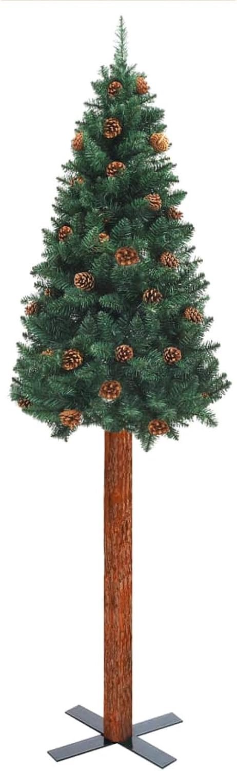 Kerstboom met echt hout en massieve dennenappels, frame van gepoedercoat staal, zwart, groen, 150 cm