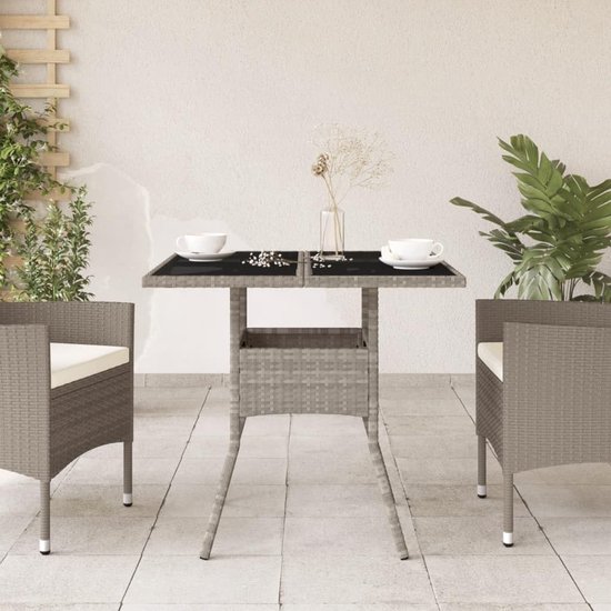 Tuintafel, 80 x 80 x 75 cm, met lichtgrijze glasplaat, voor terras, tuin en achtertuin, stabiel gepoedercoat stalen frame, onderhoudsvriendelijk PE-rotan — afbeelding 2