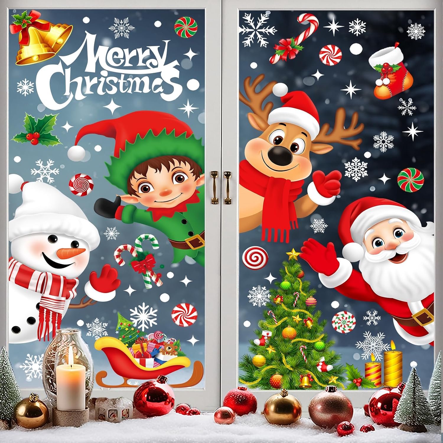 Zelfklevend, sneeuwvlok, rendier, Santa Claus, herbruikbaar, pvc, raamstickers voor winterramen (Eleganza I)
