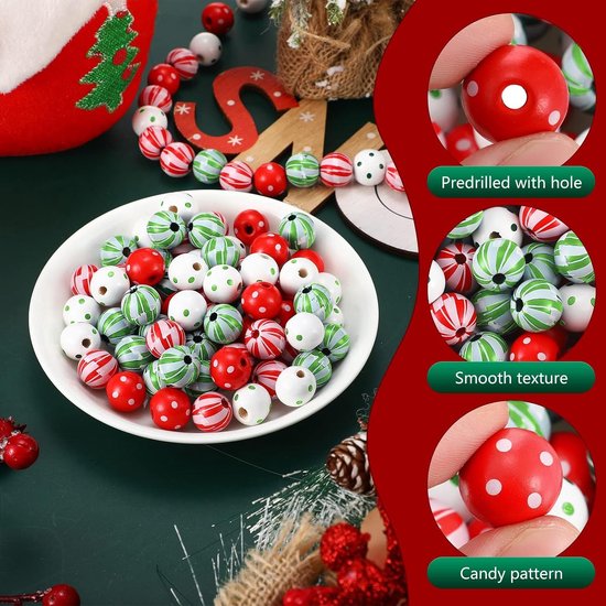 100 stuks houten kerstkralen, 16 mm, kleurrijke houten kralen met henneptouw, ronde houten kralen voor kerstversiering (kleur B) — afbeelding 2