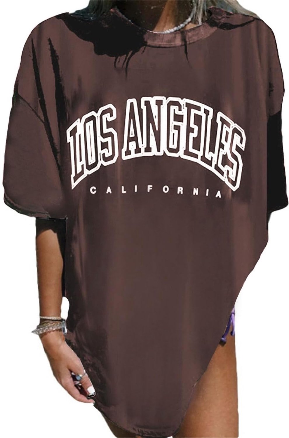 Oversize T-shirts Tops Dames Tienermeisjes Lange Blouse Los Angeles Tops 426-Bruin-L