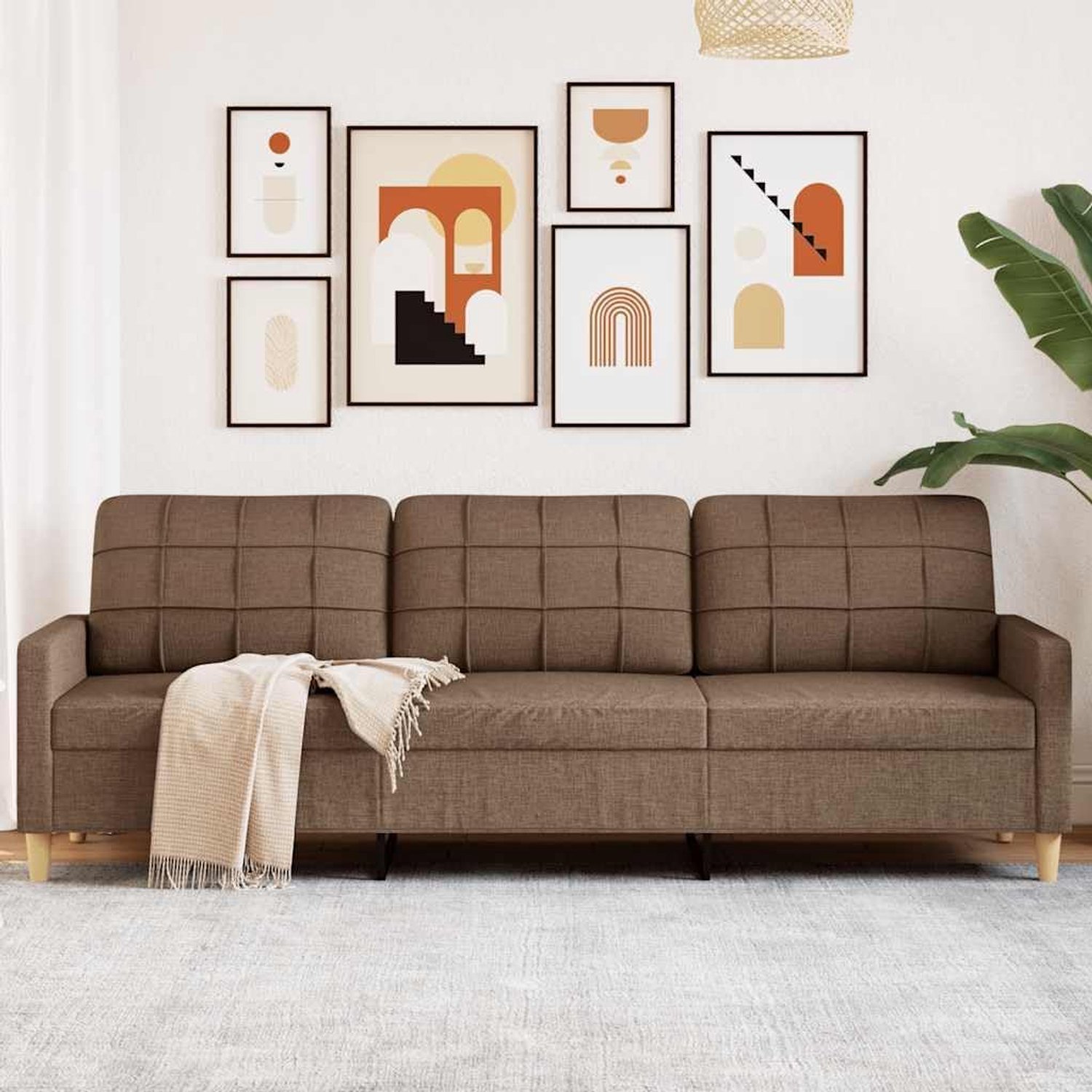 3-zitsbank, bruin, 210 cm, stof, zacht polyesterweefsel, robuust metalen frame, comfortabele bekleding, modern design bank voor woonkamer, duurzaam zitmeubel