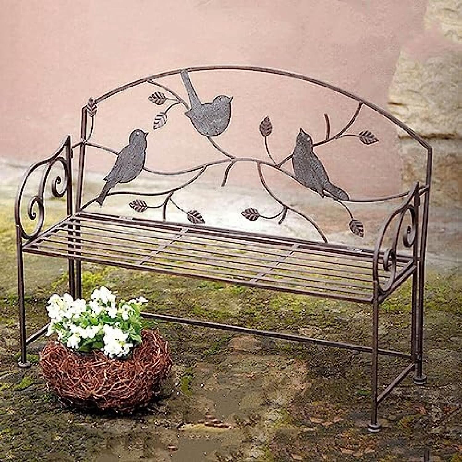 Smeedijzeren Patio Tuinbank, Vintage Decor Vogelvormige Patio Balkon Metalen Kinderbank Multifunctionele Plantenbak, Weerbestendige Veranda Stoel, Lichtgewicht Opvouwbare Gazonbank,Bonny36