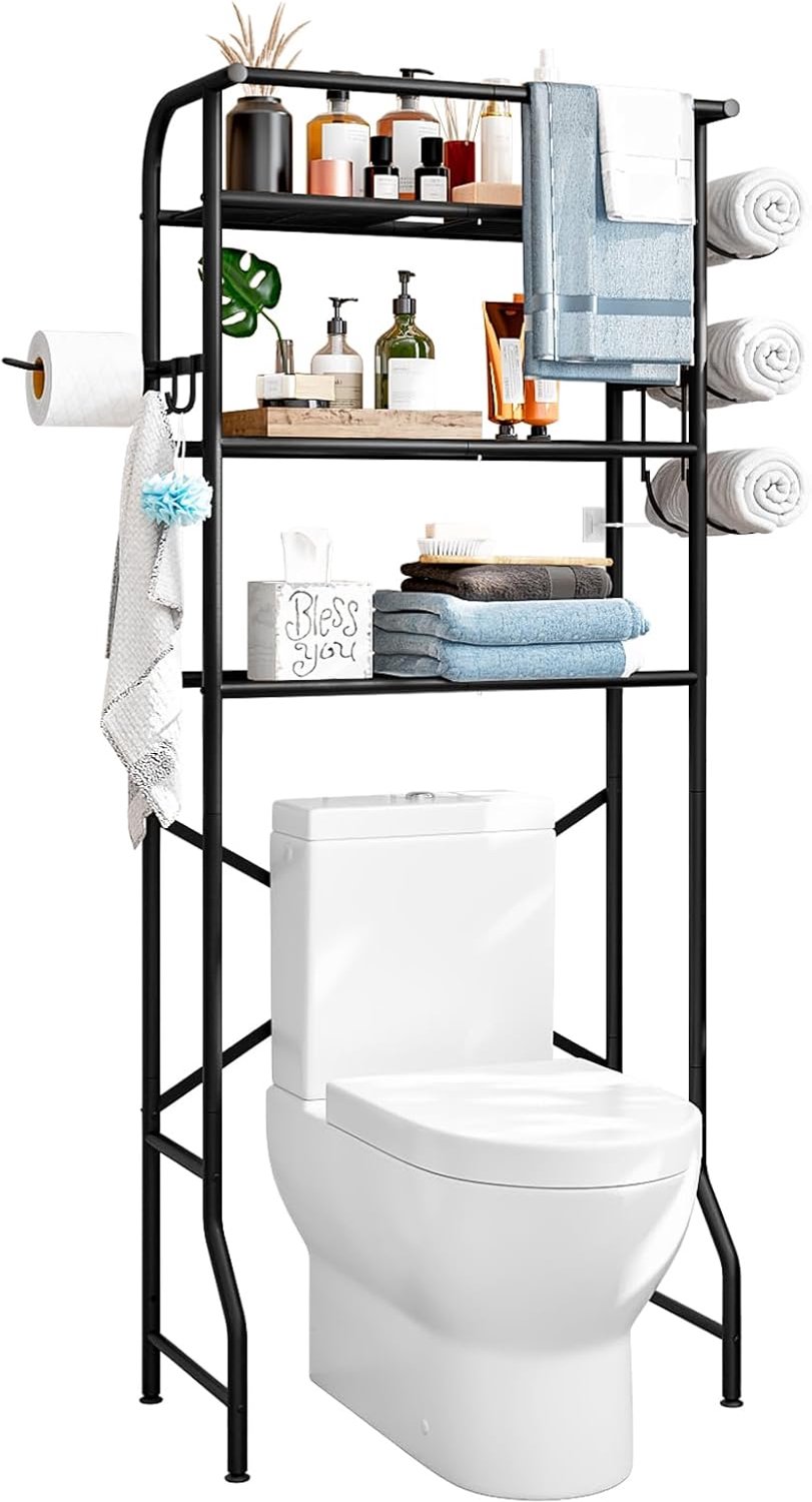 Over het toilet opslag metalen 3-laags badkamer organizer plank met papieren houder eenvoudig te monteren en ruimtebesparend (zwart)