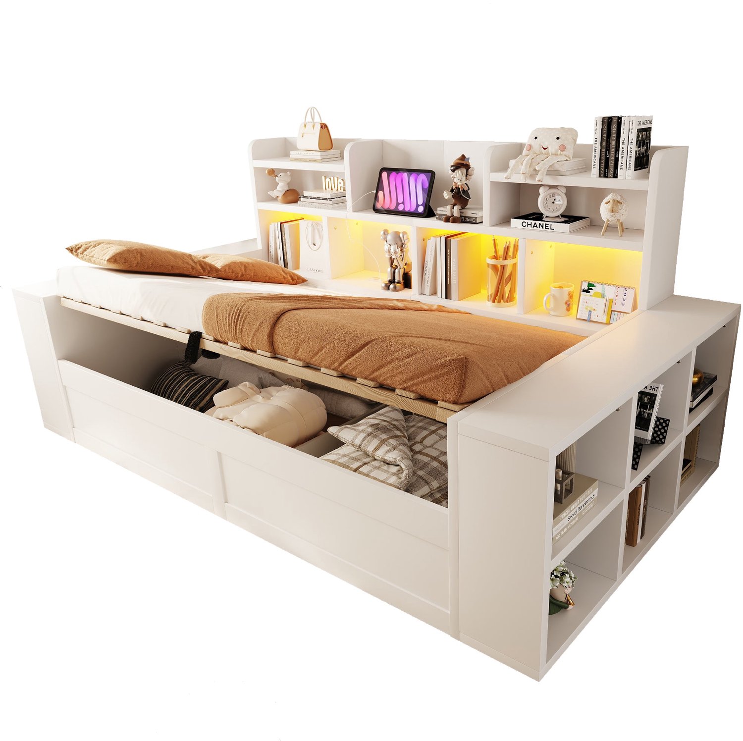 Merax Slaapbank 90 x 200 cm - Bed met Opbergruimte - Hydraulisch Hefmechanisme - LED Verlichting - Stopcontacten - Opbergvakken - Wit