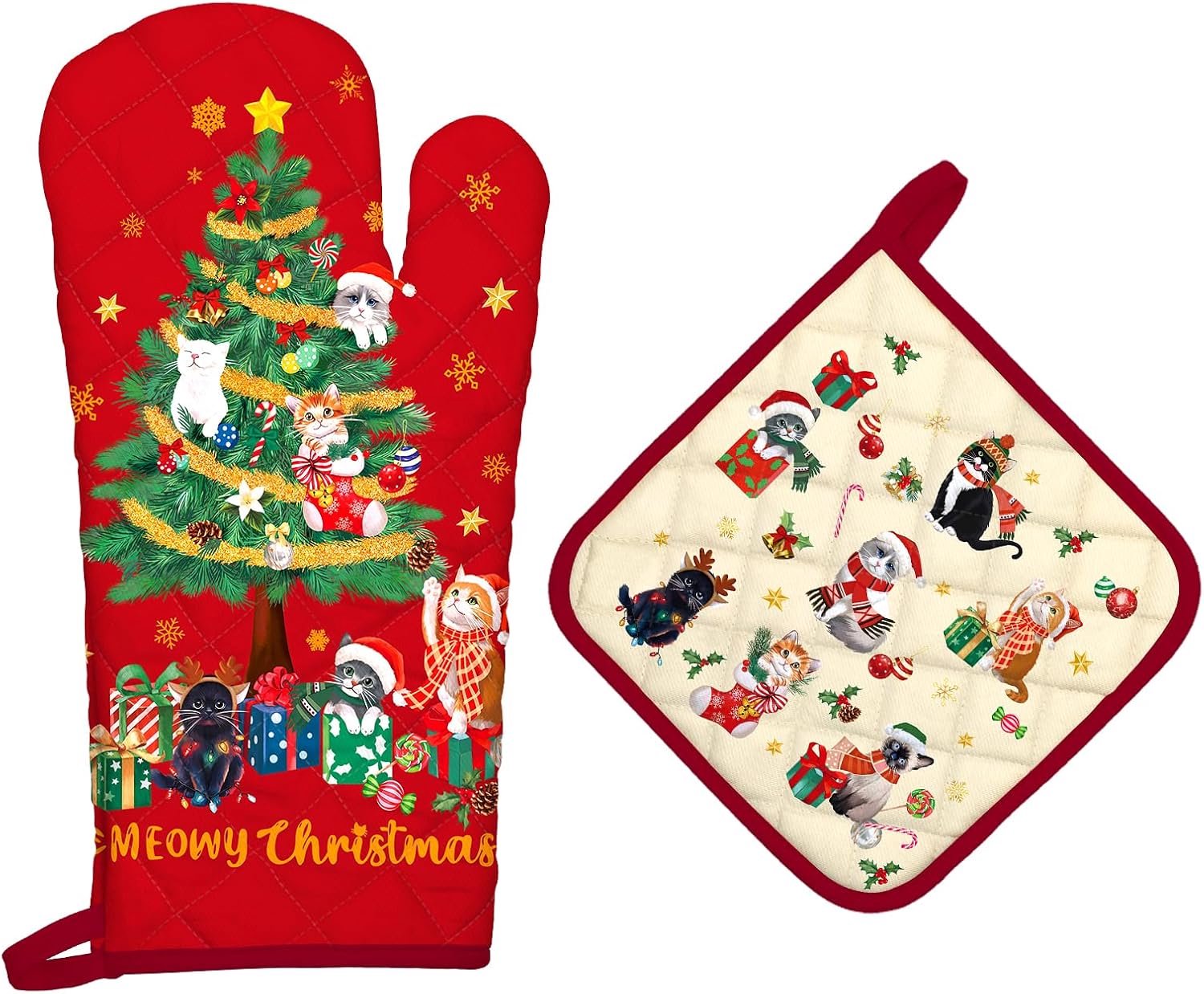 Kerstboom Kat Ovenwanten en Pannenlappen - 100% Katoen, Hittebestendige Extra Lange Ovenhandschoenen & Hete Pads voor Koken BBQ Grillen Bakken Cadeau, Set van 2