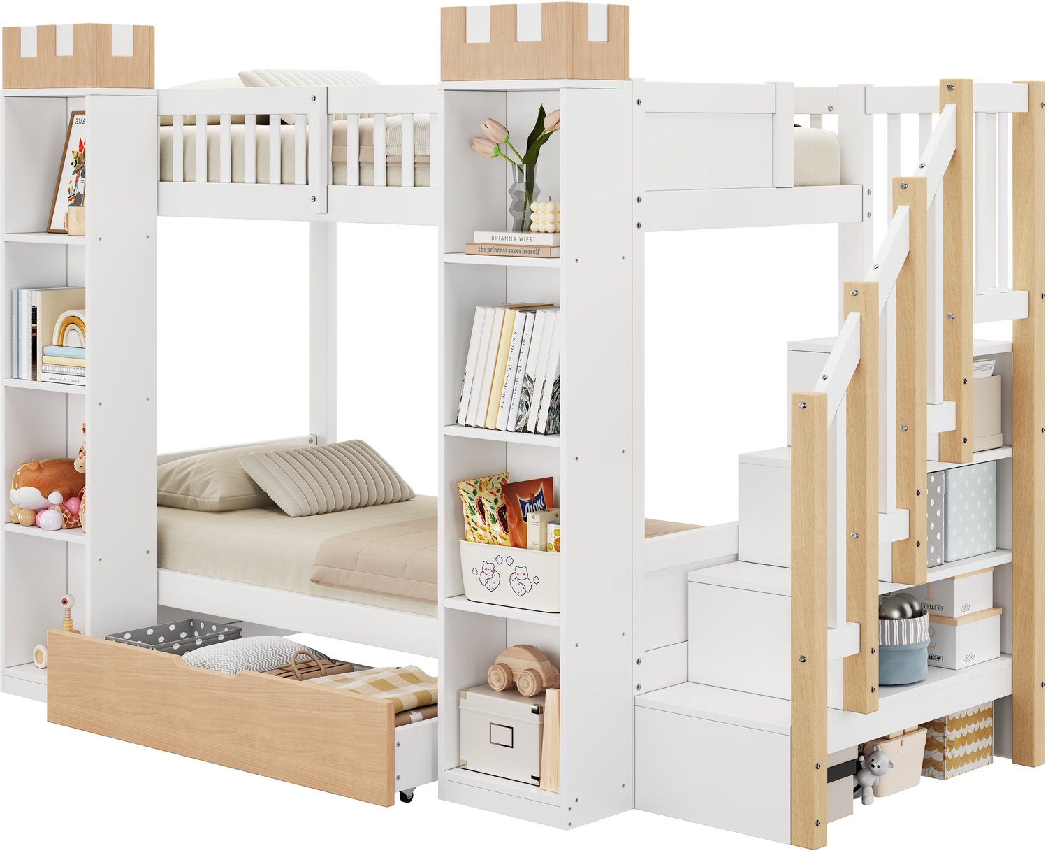Merax Stapelbed Voor Kinderen 90 x 200 cm - Houten Kinderbed Met Opbergtrap - Lade - Opbergvakken - Kasteelontwerp - Wit En Natuurlijke Houtkleur