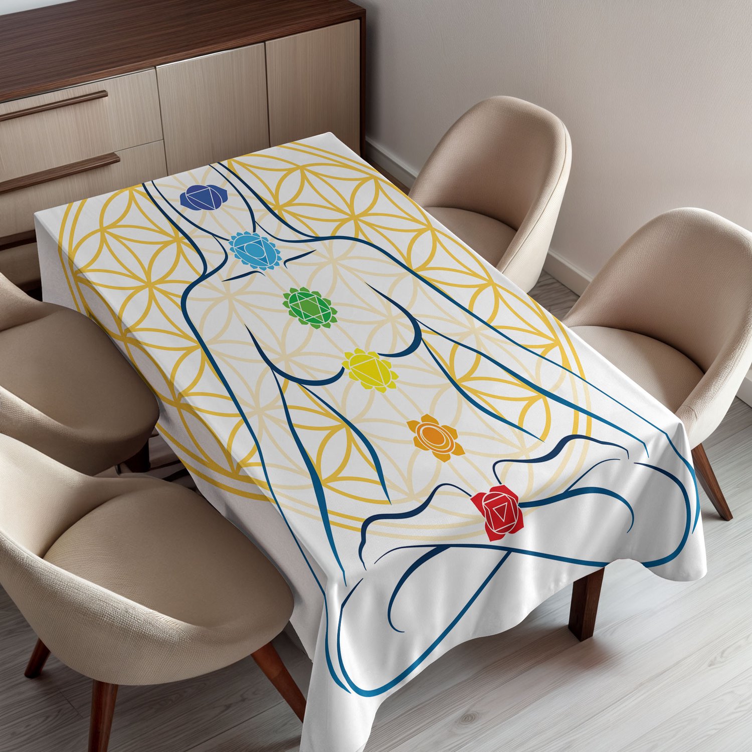 ABAKUHAUS Geometrie Tafelkleed, Mediterend in Lotushouding met Punten op het Lichaam Yoga en Vredesthema, Rechthoekig Tafelkleed voor Eetkamer Keukendecoratie, 150 x 220 cm, Meerkleurig