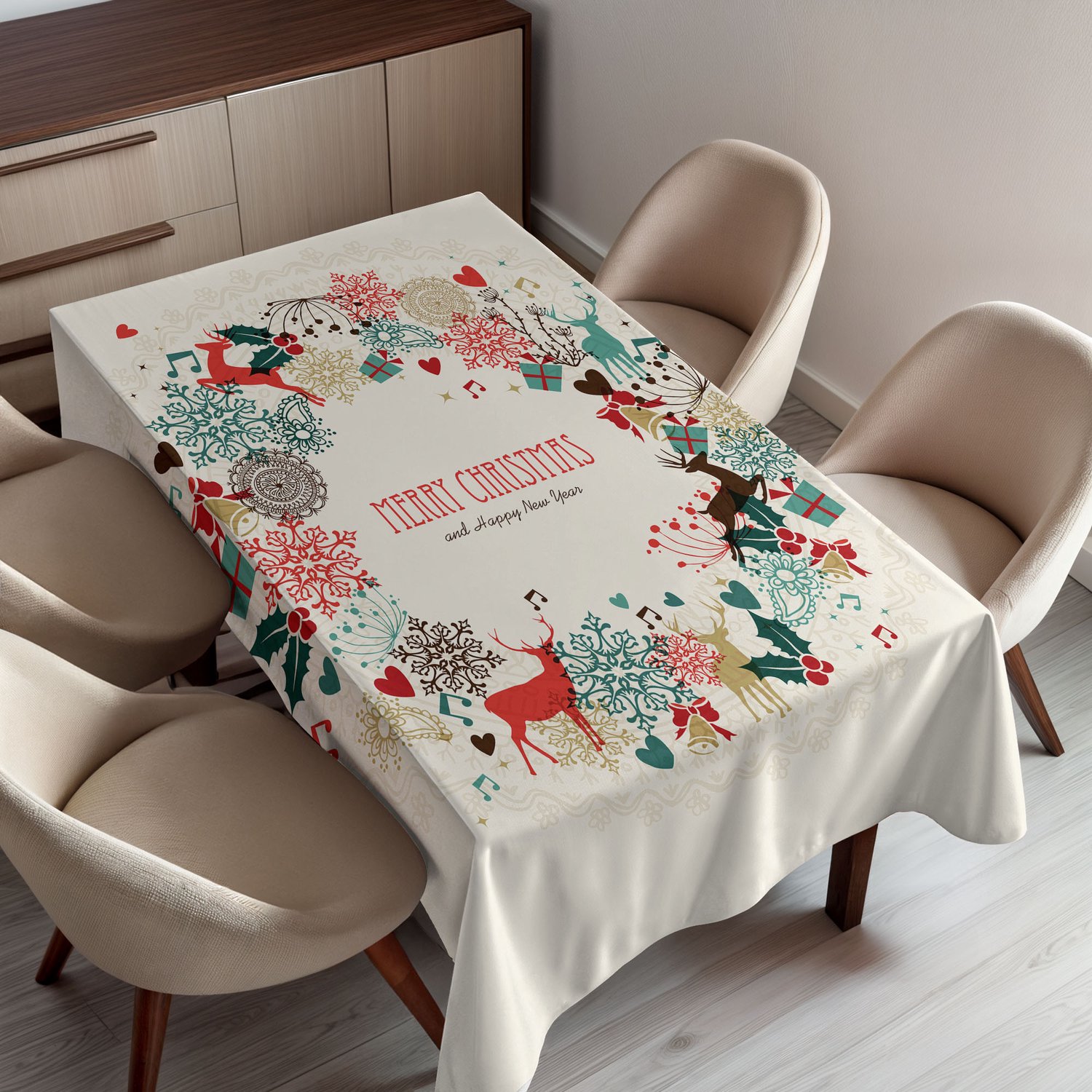 ABAKUHAUS Kerst Tafelkleed, Vintage Slinger Geïnspireerd Rond Ontwerp in Handgetekende Stijl Seizoensprint, Rechthoekig Tafelkleed voor Eetkamer Keukendecoratie, 150 x 200 cm, Beige Rood