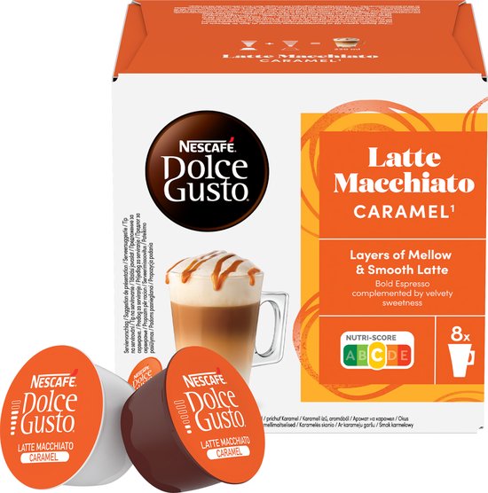 Doos Nescafé Dolce Gusto Latte Macchiato Caramel met op de voorkant een glas karamel latte macchiato en twee koffiecups.