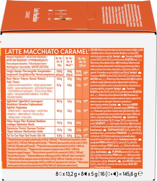 Achterkant van de verpakking met voedingswaarde-informatie voor Nescafé Dolce Gusto Latte Macchiato Caramel.