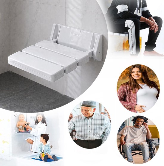 Witte douchezitting in een douche met gezin, en insets met oudere man, zwangere vrouw en persoon in rolstoel.