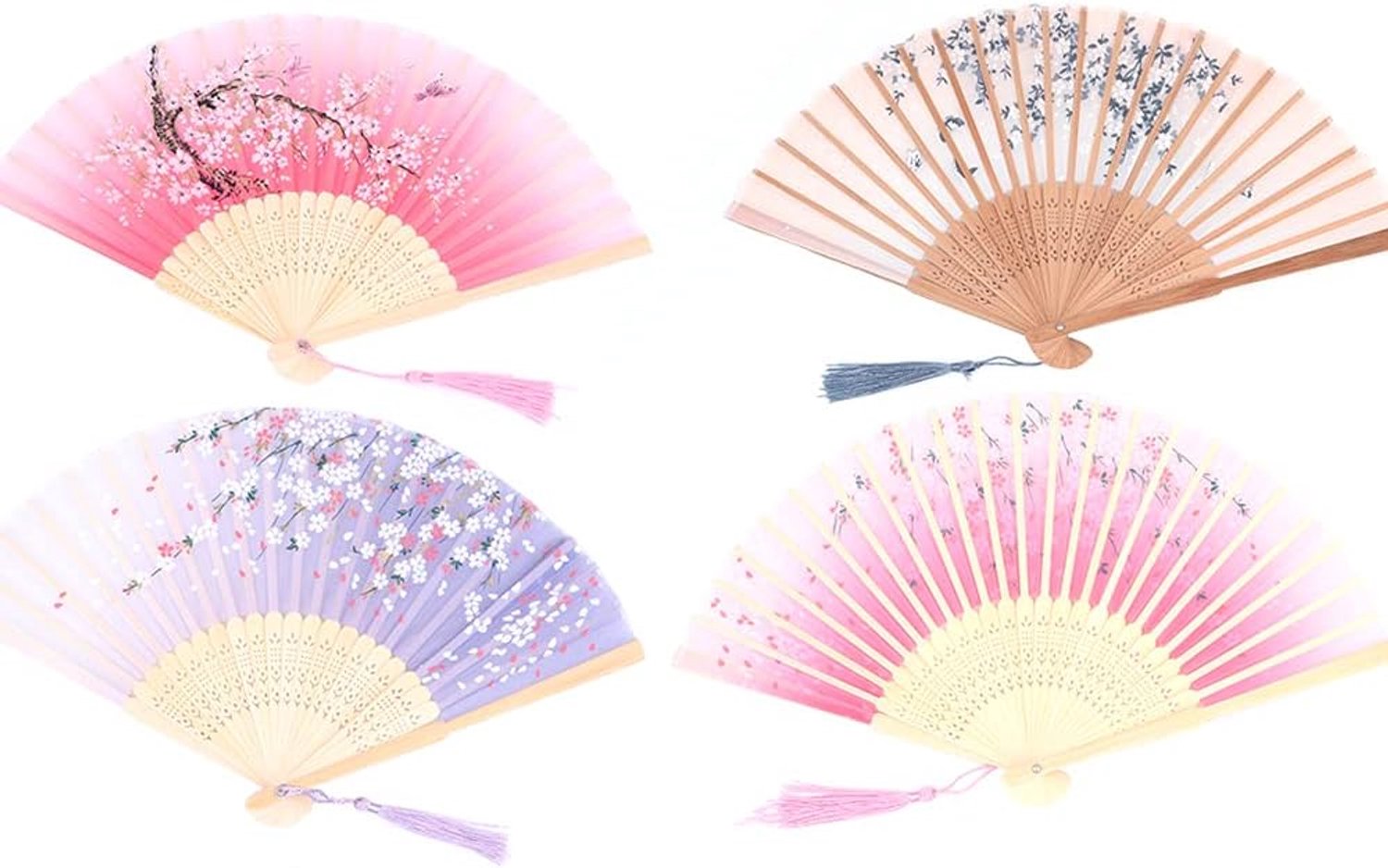 Vouwbare handfans 4 stuks - bamboe met franjes - holle structuur - ideaal voor wanddecoratie - ShopVlot