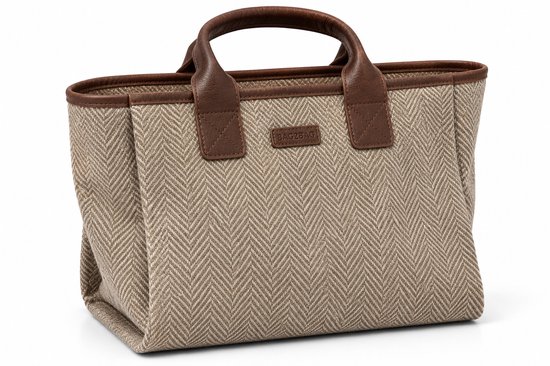 Beige tas met visgraatmotief, bruine lederen hengsels en een 'BAG2BAG' logolabel.