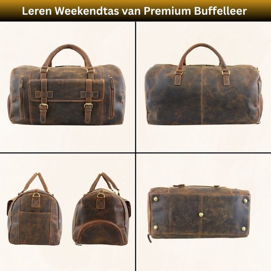 Leren weekendtas van buffelleer in bruine tinten, van verschillende kanten getoond met handvatten en vakken.