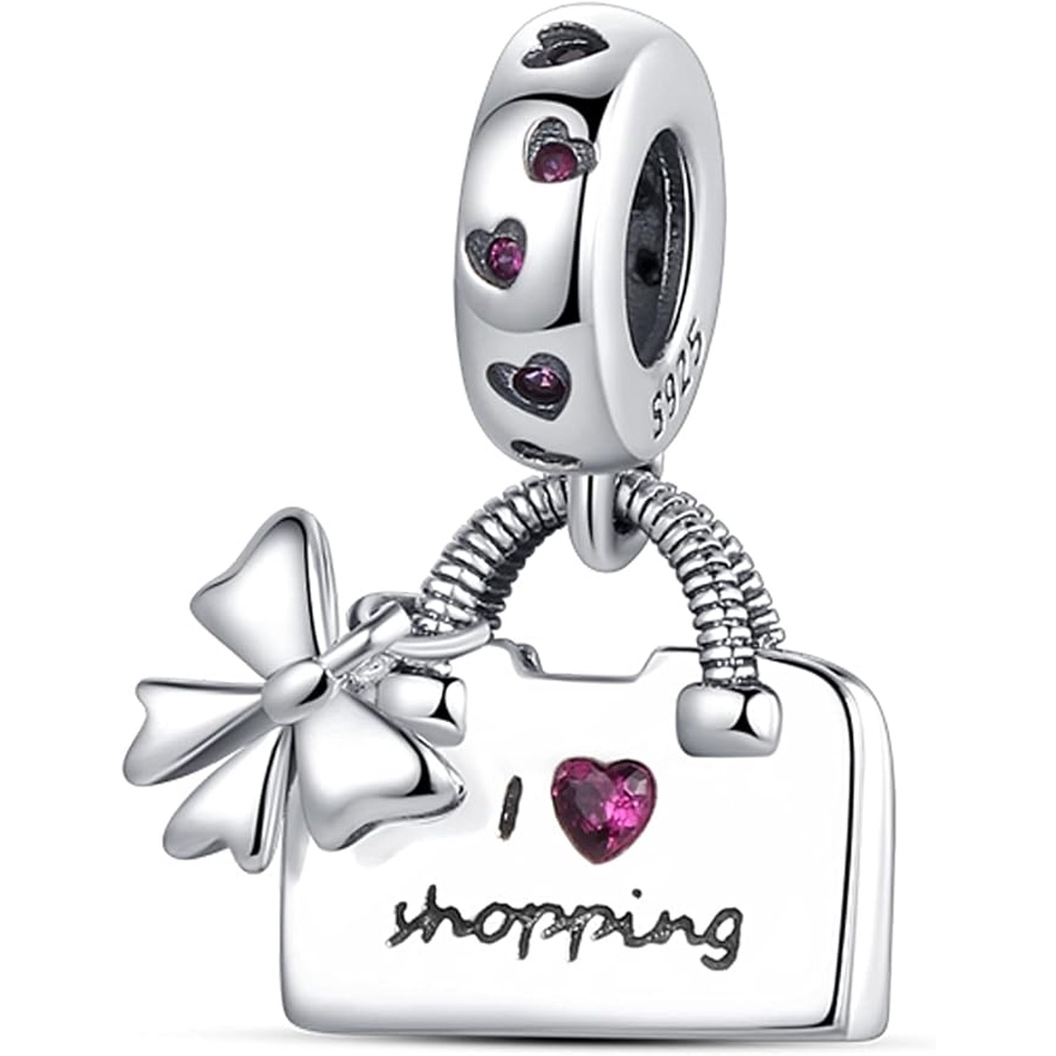 Fler® | Bedel | Past op populaire bedelarmbanden (standaard - 3mm) | Shoppingbag Bedel – Winkelen – Shoppen – Cadeautas | Hangbedel Charm | 925 sterling zilver | Roze zirkonia | Roze emaille | Zwarte emaille | Valentijnsdag Cadeau | Sinterklaas kado