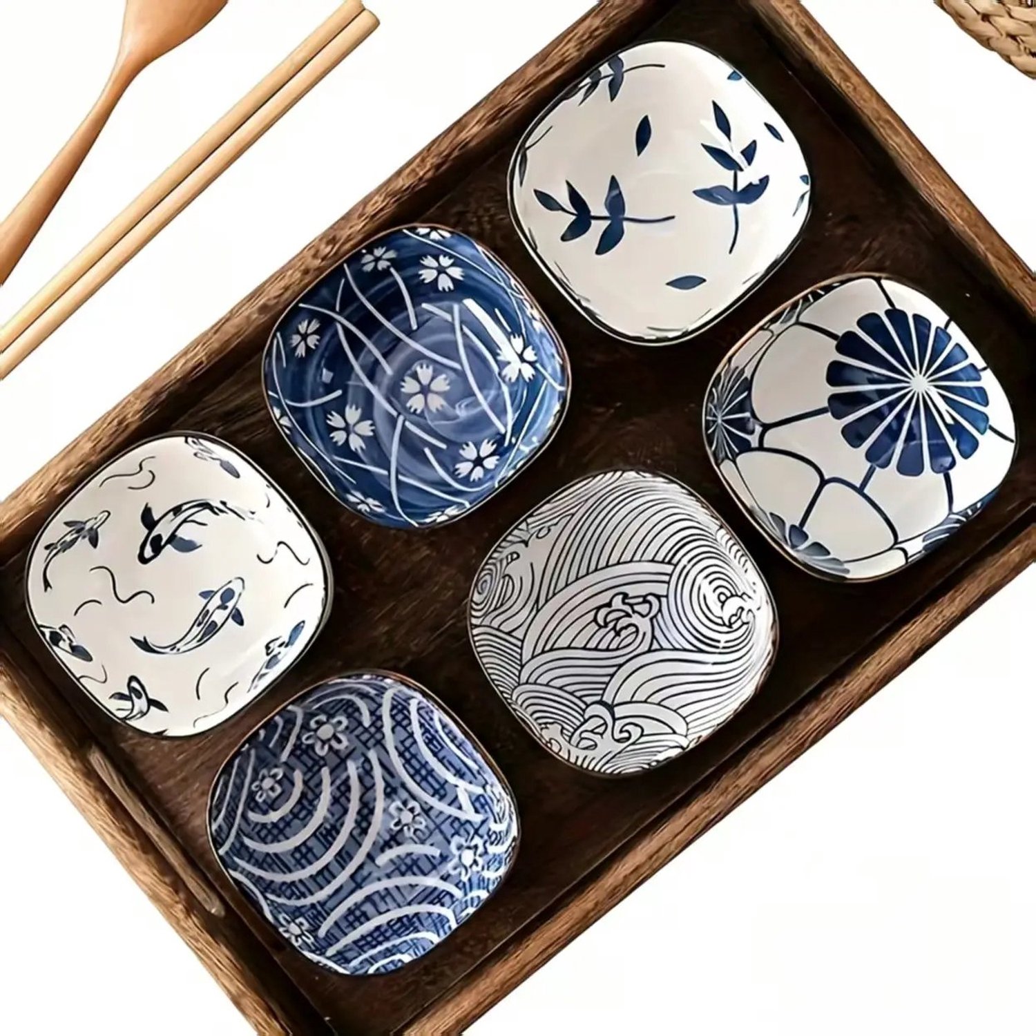 Set van 6 Vierkante Keramische Dipschaaltjes met Blauw-Wit Japans Motief