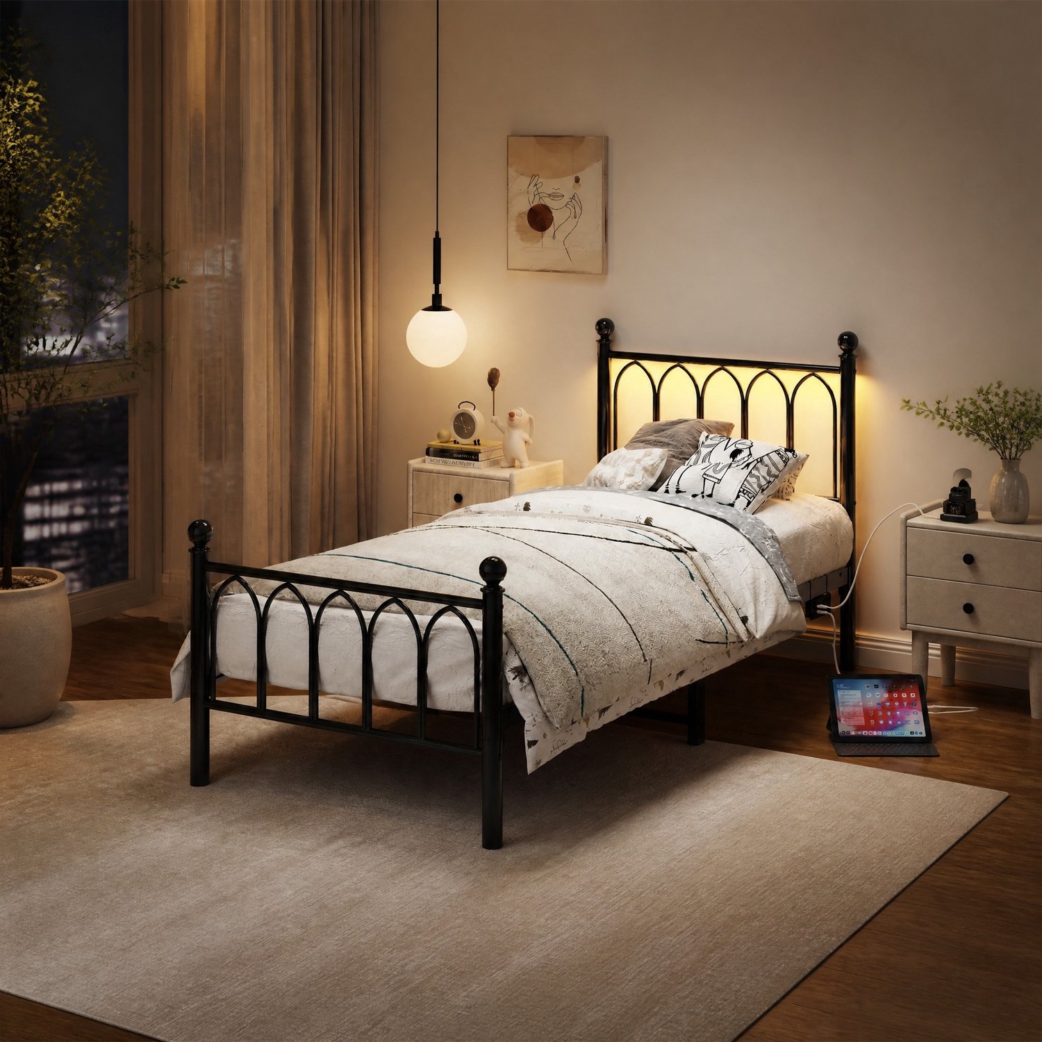 CHICFURN Metalen bedframe 90 x 200 cm - LED-verlichting - USB-laadstation - zwart