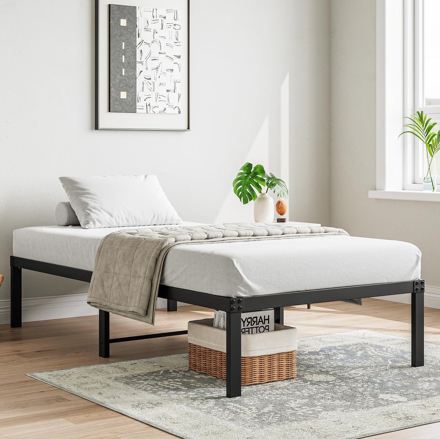 CHICFURN Metalen bedframe 90x200 cm - lattenbodem - zwart - 31 cm opbergruimte
