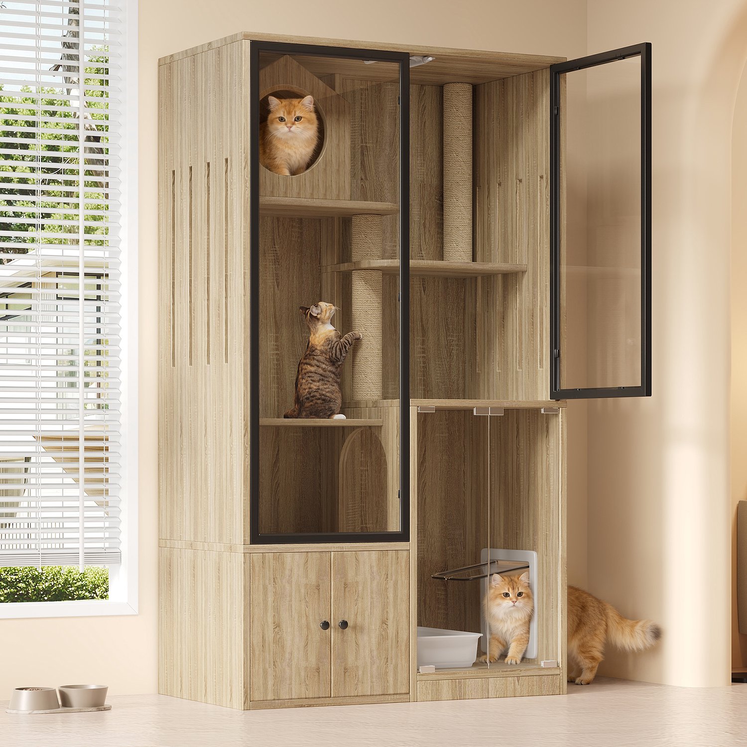 Kattenvilla Voor Binnen Met Meerdere Verdiepingen - Afsluitbaar Kattenluik - Panoramische Glazen Deuren - MDF In Naturel Houtlook - 90 x 50 x 160 cm
