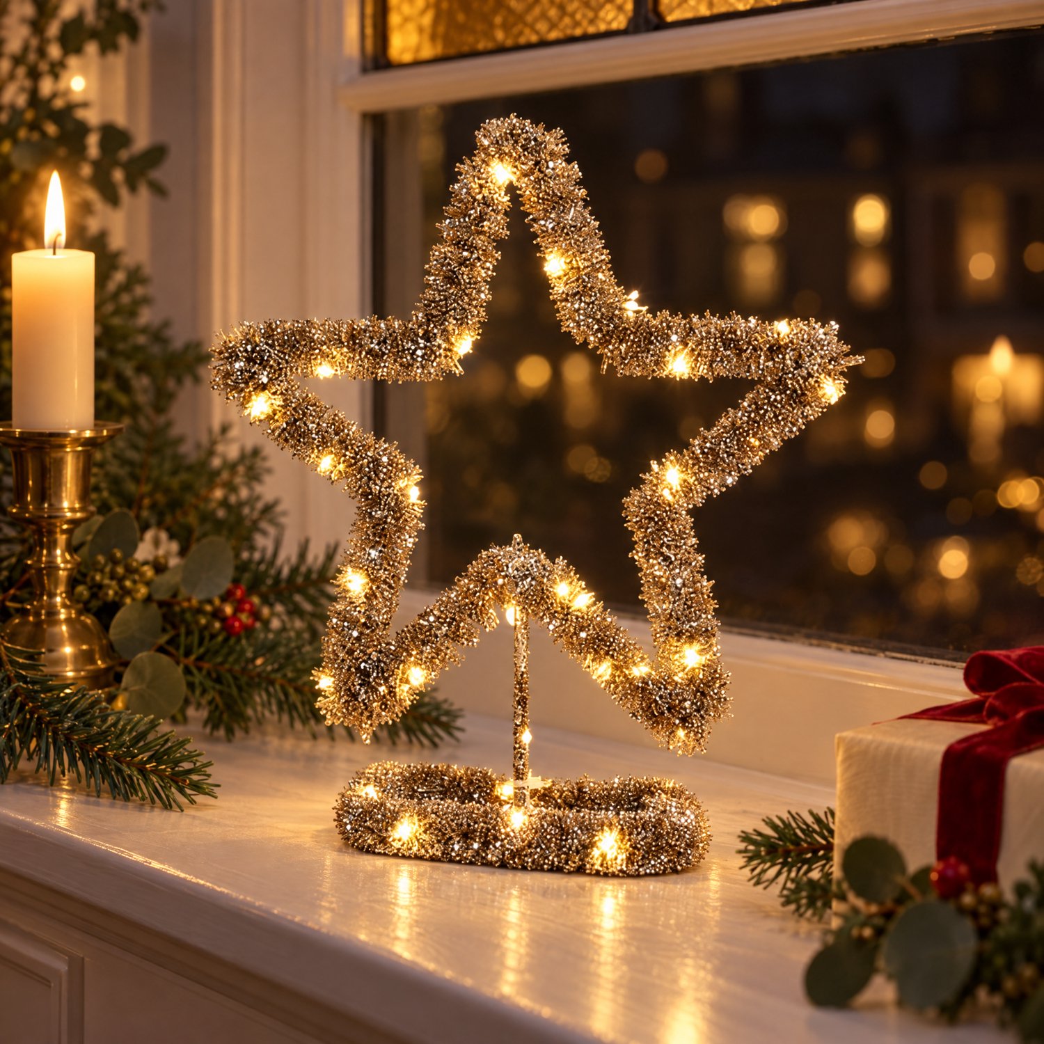 Cheqo® LED Kerstster met Kerstlampjes - Verlichte Ster op Voet - Warm Wit Licht - Kerstdecoratie voor Binnen - Kerstverlichting met Timer - Kerstversiering - Sfeerverlichting - Kerstfiguur - Tafeldecoratie - Raamdecoratie - Champagne
