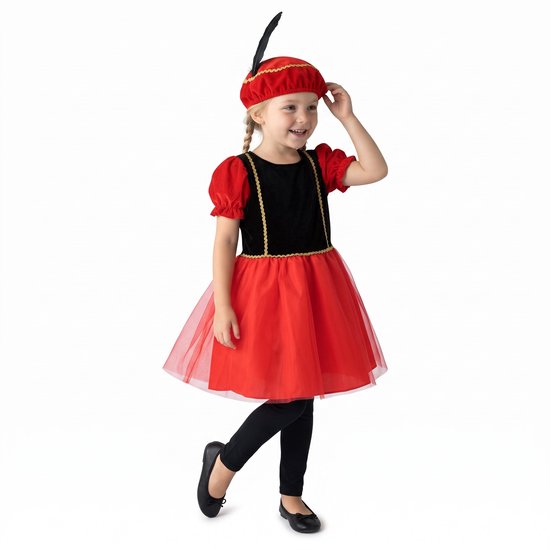 Meisje in rood-zwarte Pietenjurk met pofmouwen, gouden bies en muts met veer.