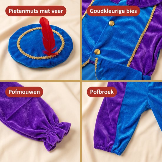 Detailfoto's van het pietenpak: muts met veer, goudkleurige bies, pofmouwen en pofbroek.
