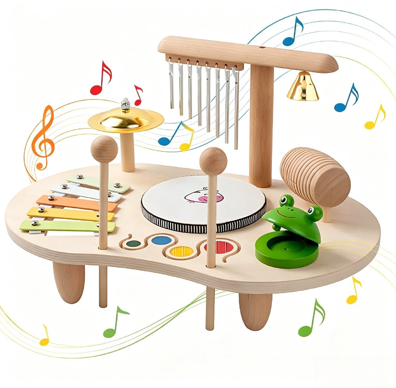 Houten Montessori Muziektafel voor Peuters – Kinderspeeltafel – Multifunctioneel slagwerkspeelgoed – Met xylofoon, trommel, windspel en kikker castagnetten – Educatief muziekspeelgoed geschikt voor kinderen vanaf 18 maanden