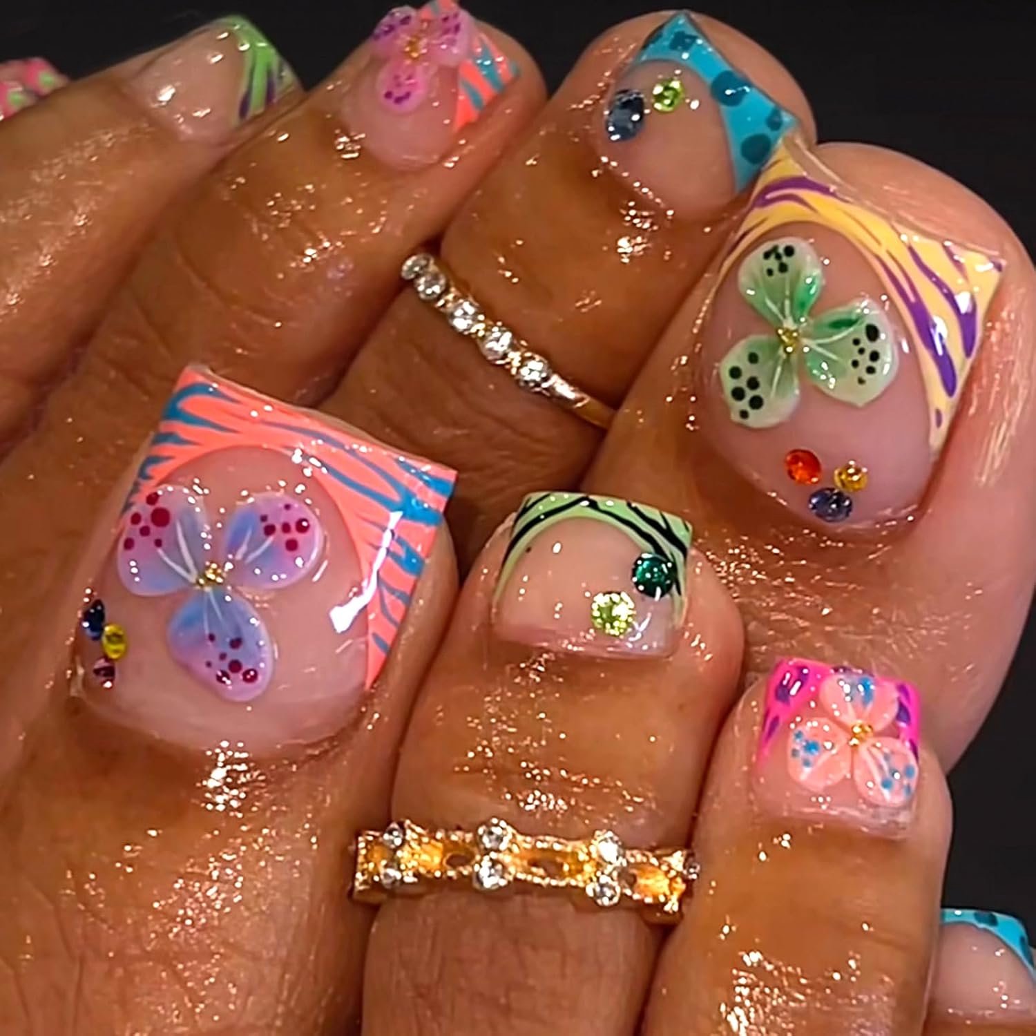 24 stuks kleurrijke Franse kunstteennagels, nude-roze, hoekig, teennagels om op te plakken, schattige bloemen, strass-steentjes, press-on teennagels, zomer, tropische kunstteennagels voor