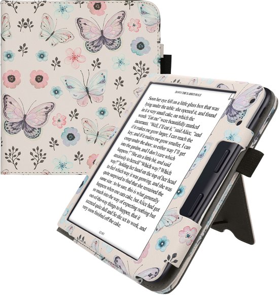 kwmobile e-reader hoesje geschikt voor Kobo Libra Colour hoes - E reader flip case van kunstleer - Ereader cover met stand - Vlinderanemoon design in wit / licht oudroze / vintage groen — afbeelding 5