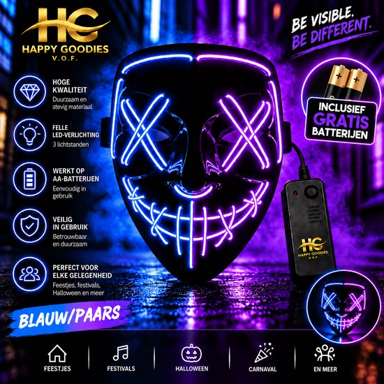 Blauw en paars LED-masker met controller en gratis batterijen. Voor feesten, festivals en Halloween.