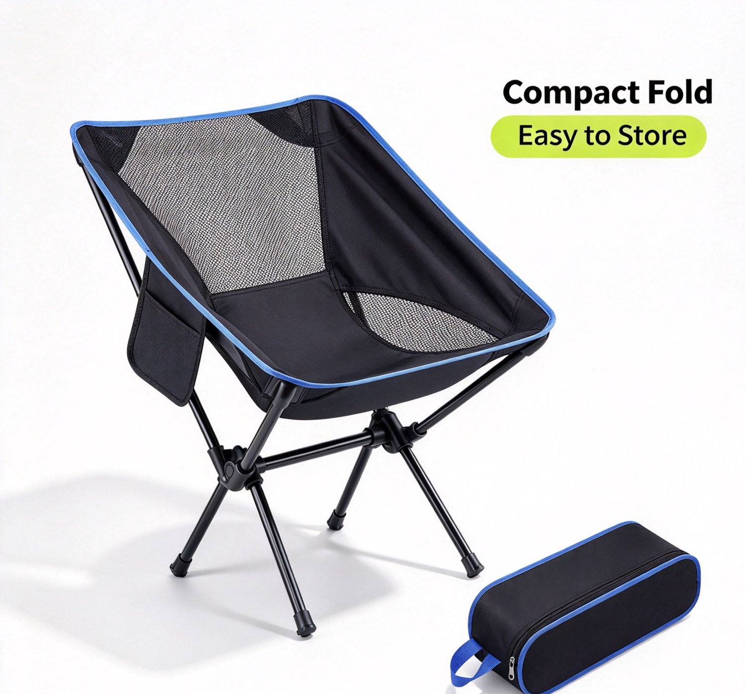 Ultralichte opvouwbare campingstoel - 1250 gram - Anti-doorzakpoten - Inclusief opbergtas - Zwart met blauwe accenten en geperforeerd design