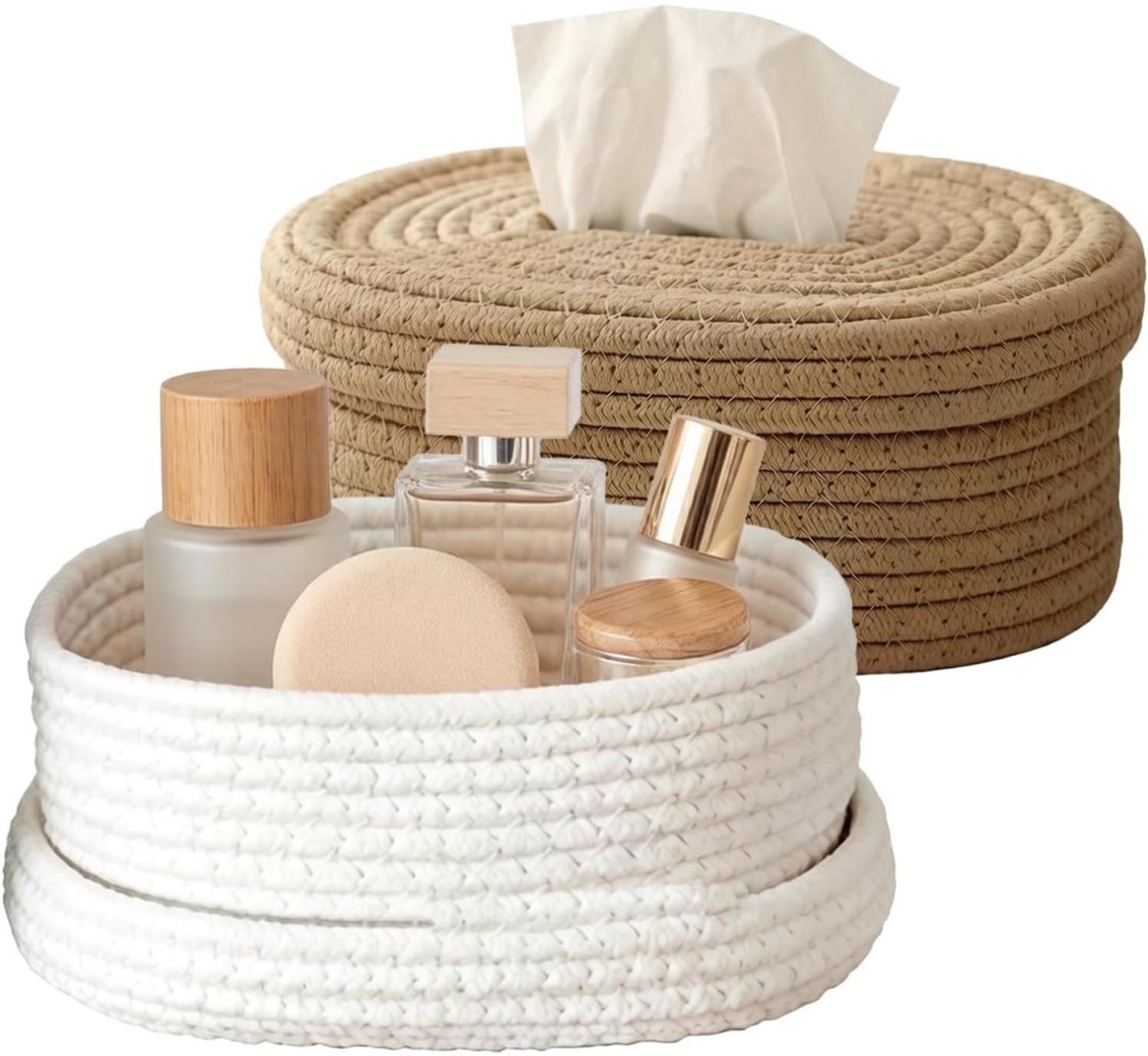 SSTRWGOOD Tissuebox van katoenen touw - 2 stuks - met afneembaar deksel - 22x16x10 cm - Cosmetische tissuebox - Geschikt voor badkamer, slaapkamer, eetkamer en kantoor - Khaki en wit
