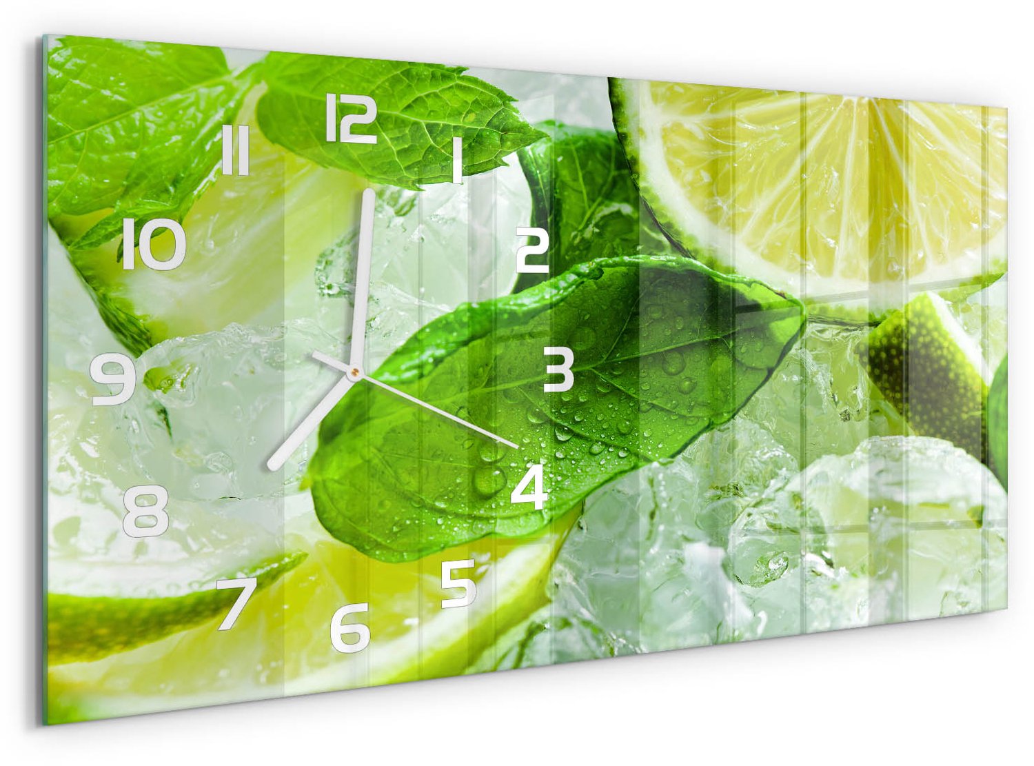 TULUP Wandklok - Limoen met ijs Glazen Klok Met Print - 60x30 cm - Groente Wandklok Glas Met Motief - Witte handen - Rechthoekige Klok - Wandklok Glas Decoratie - Gekleurde Glazen Klok
