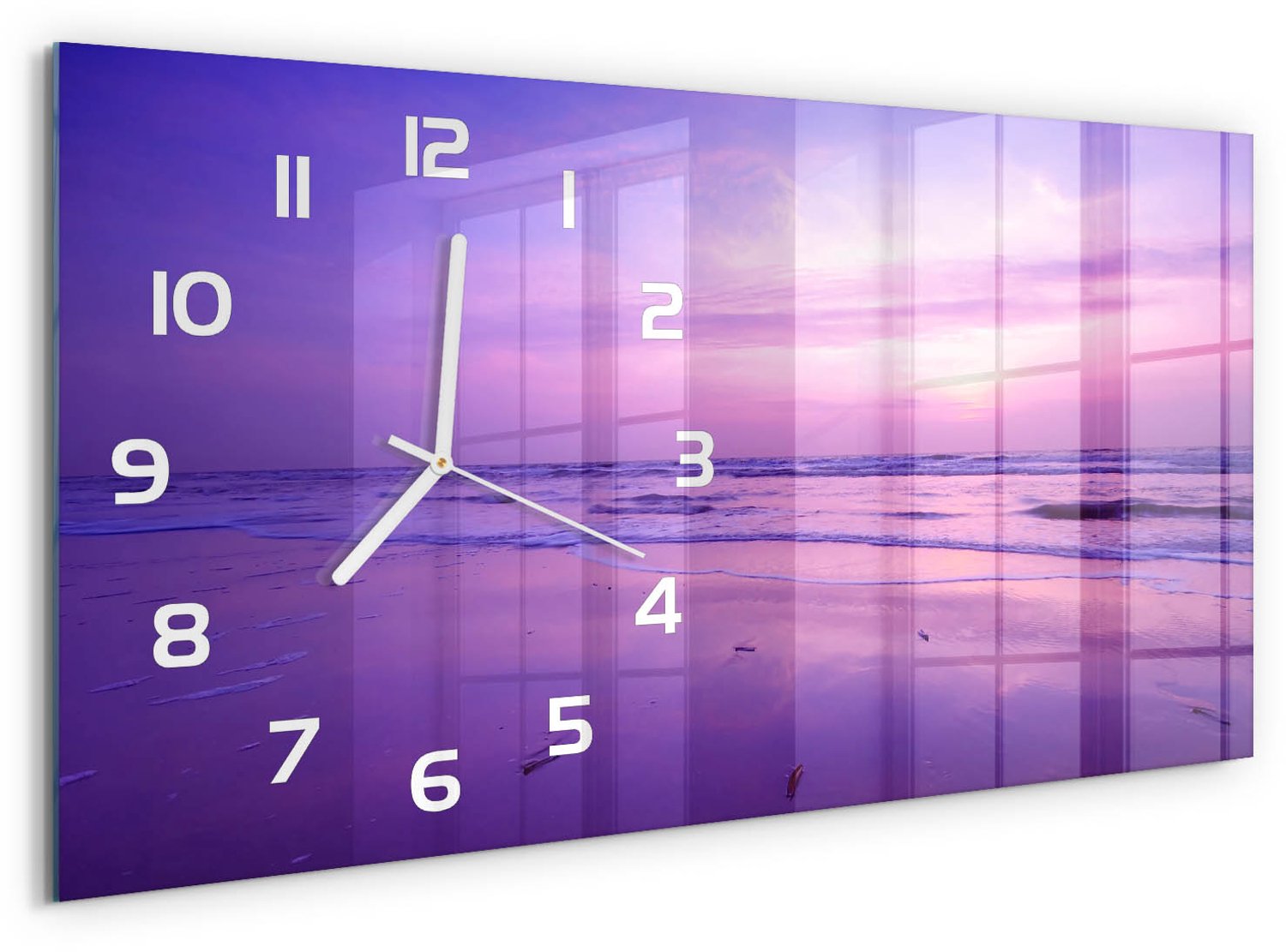TULUP Wandklok - Zonsondergang Zee Decoratieve Glazen Klok - 60x30 cm - Paars Glazen Wandklok Design - Witte handen - Rechthoekige Klok - Glazen Klok Met Print - Wandklok Glas Met Motief
