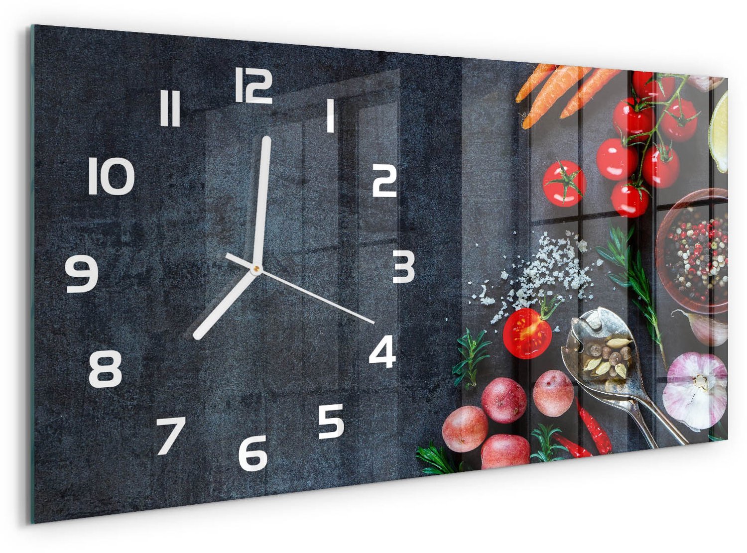TULUP Wandklok - Ingrediënten Glazen Wandklok Design - 60x30 cm - Veelkleurig Klok Glas Met Opdruk - Witte handen - Rechthoekige Klok - Wandklok Glas Met Motief - Decoratieve Glazen Klok