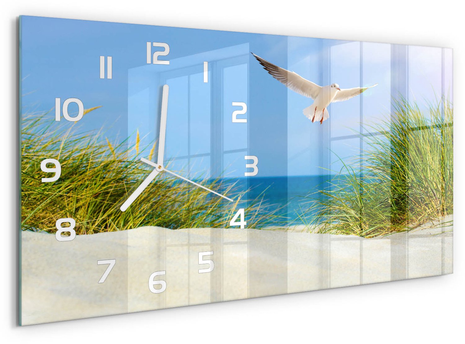 TULUP Wandklok - Meeuw boven de duinen Moderne Wandklok Glas - 60x30 cm - Blauw Wandklok Glas Decoratie - Witte handen - Rechthoekige Klok - Glazen Wandklok Design - Klok Glas Met Opdruk