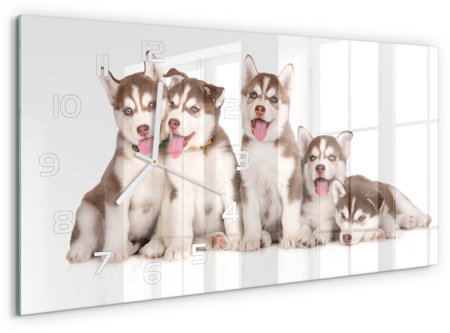 TULUP Wandklok - Husky-puppy's Gekleurde Glazen Klok - 60x30 cm - Bruin Glazen Klok Met Print - Witte handen - Rechthoekige Klok - Moderne Wandklok Glas - Wandklok Glas Decoratie