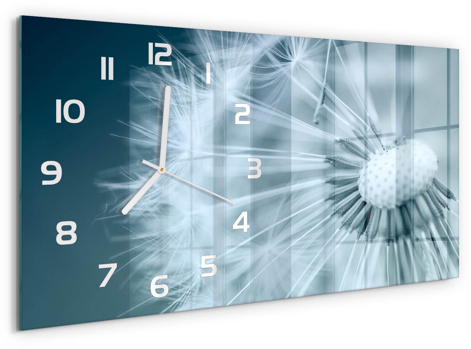 TULUP Wandklok - Paardebloem Glazen Klok Met Print - 60x30 cm - Blauw Wandklok Glas Met Motief - Witte handen - Rechthoekige Klok - Wandklok Glas Decoratie - Gekleurde Glazen Klok