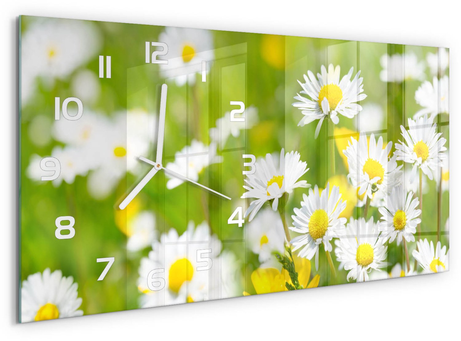 TULUP Wandklok - Madeliefje Klok Glas Met Opdruk - 60x30 cm - Groente Moderne Wandklok Glas - Witte handen - Rechthoekige Klok - Decoratieve Glazen Klok - Glazen Wandklok Design